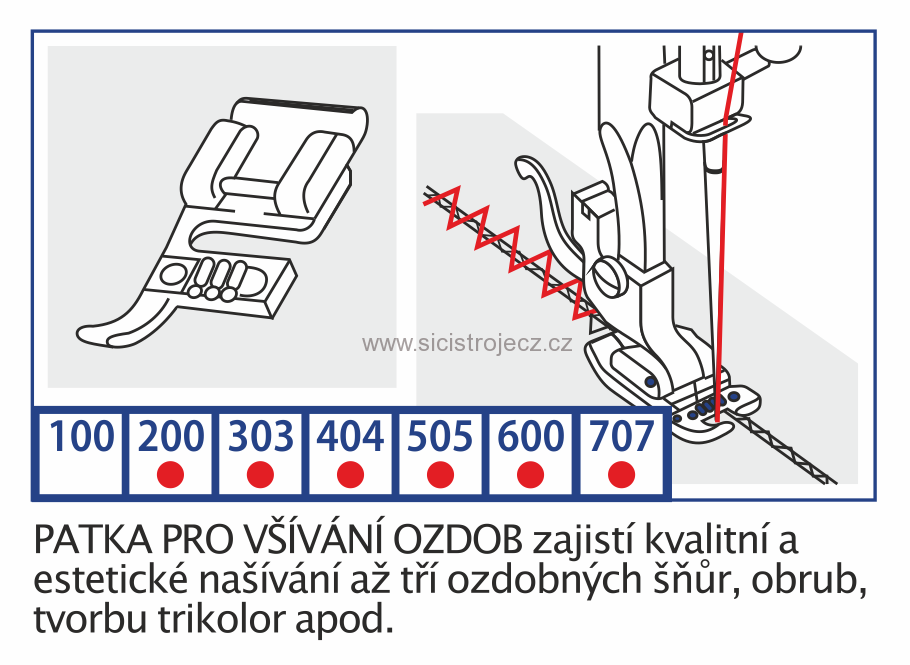 Patka pro všívání ozdob - univerzální patka pro domácí šicí stroje 